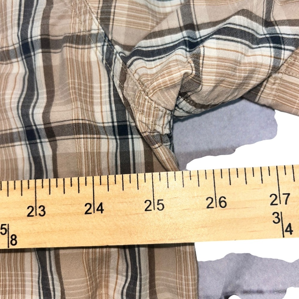 Carhartt Mens 2XL Plaid Button Up Short Sleeve Shirt Beige Blue Cotton - Picture 8 of 11